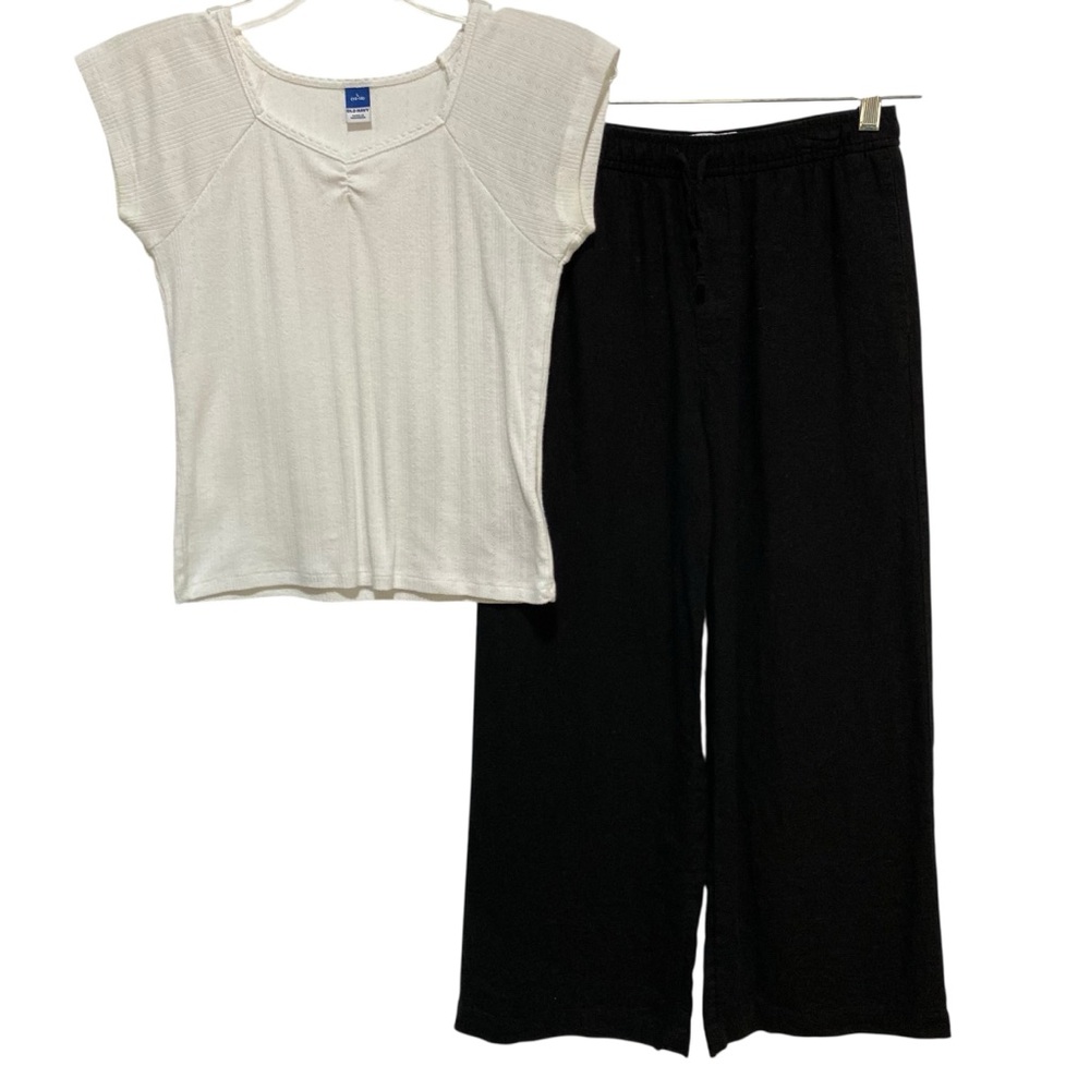 Old Navy Cream Ribbed Tee & Black Wide-Leg Pull-On Pants Kids Set Size Large